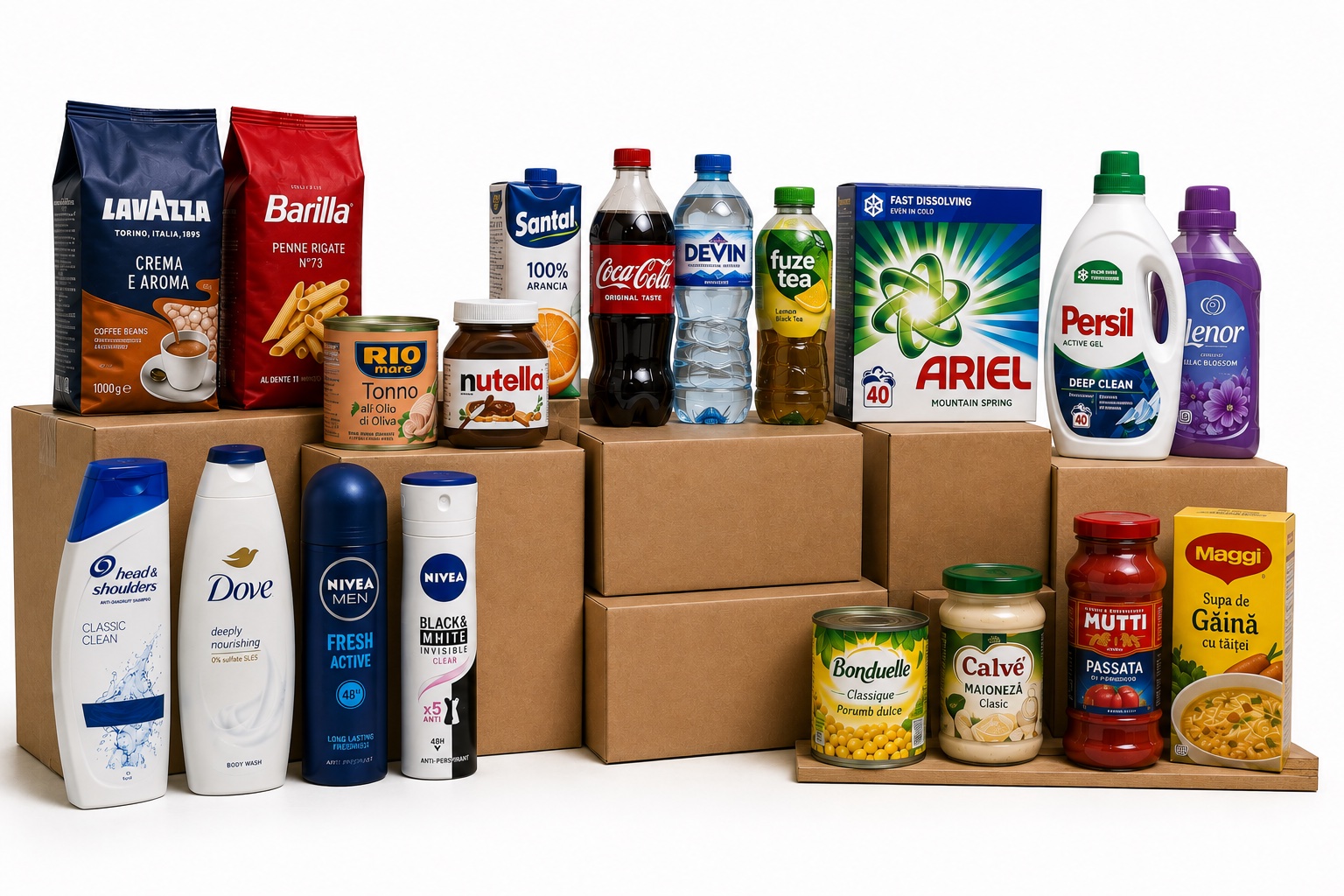 Mixed consumer products arranged on wholesale cartons