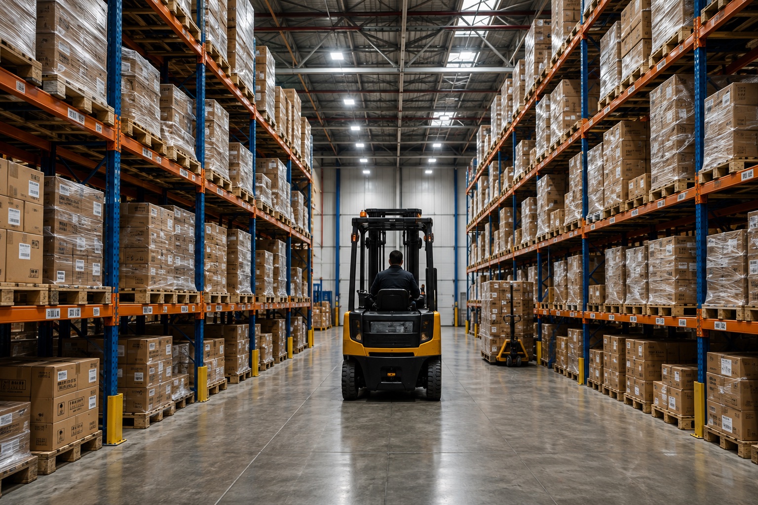 Warehouse aisle with palletized consumer goods and a forklift